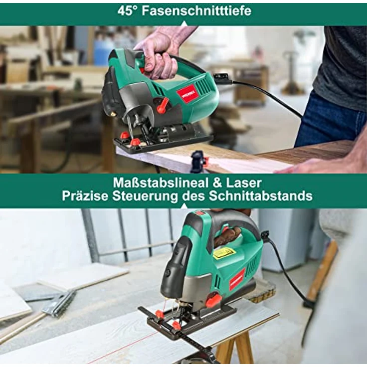 Stichsäge, 750W Max Holz Schnitttiefe 110mm, 800-3000SPM HYCHIKA Elektrische Stichsäge mit Laser, 6 Variable Geschwindigkeiten und 0-3 Orbital Position, 6 Blätter, Fasenschneiden: -45 °bis 45 – Bild 4