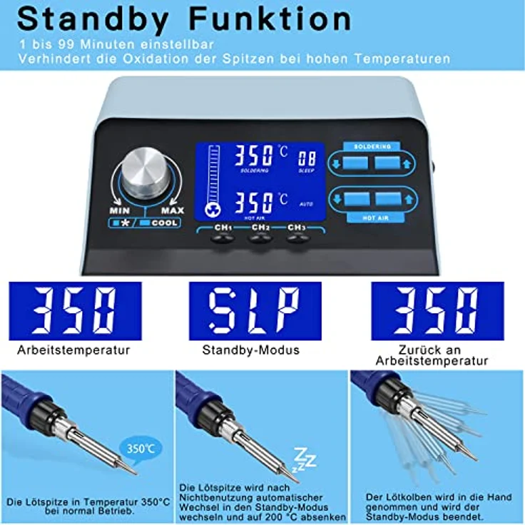 Preciva 992D+ Heißluftlötstation, 750W Profi 2 in 1 Entlötstation mit temperaturgeregeltem Lötkolben (200-480°C) und Heißluftfunktion (100-480°C), 3 Speicherplätze, LCD-Displays – Bild 4