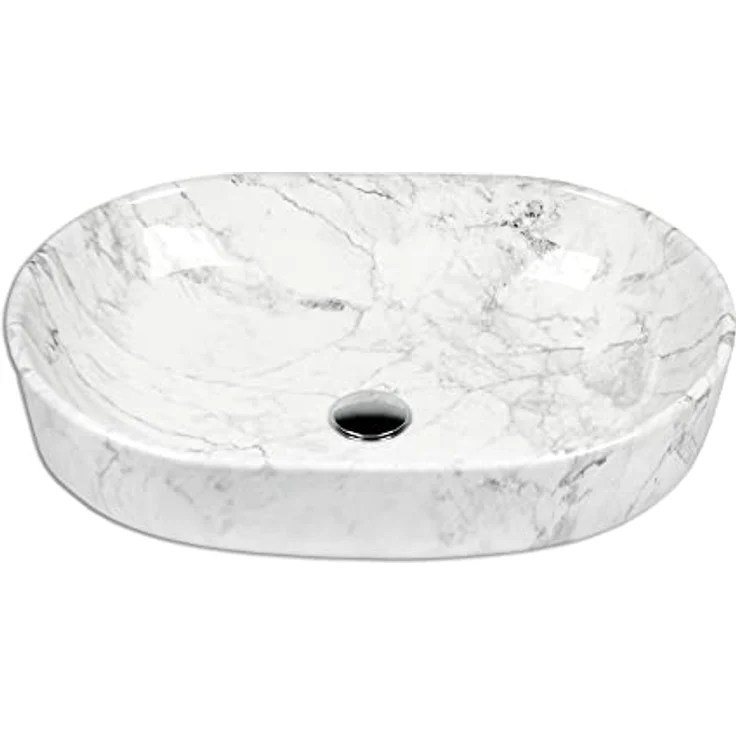 STABILO Sanitaer Waschbecken Keramik Marmoroptik Aufsatzwaschbecken Oval 59 x 41 cm Komplettset, weiß – Bild 1