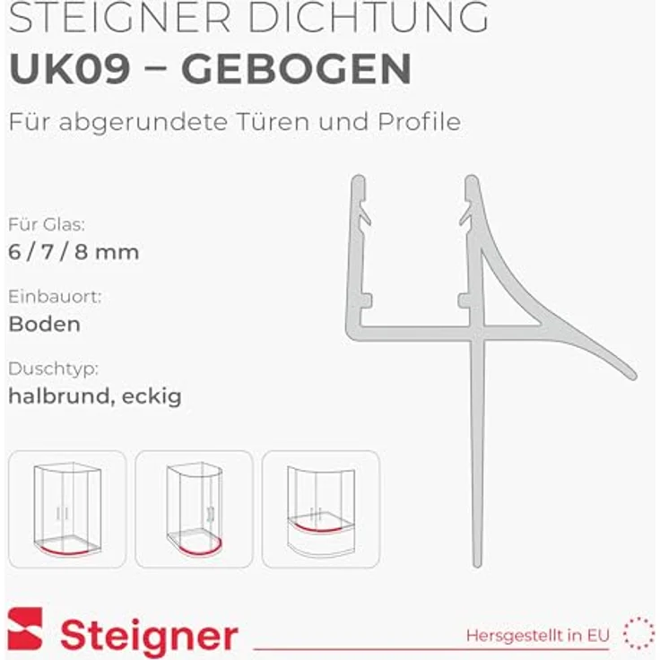 STEIGNER Duschdichtung vorgebogen UK09, 80 cm Transparent für 6-8 mm starke Scheiben, UV- und schimmelresistent – Bild 2