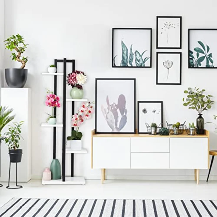 Relaxdays Pflanzenregal, Blumentreppe mit 5 Ablagen, HBT 117 x 43 x 22 cm, Stahl u. MDF, Blumenregal innen, schwarz-weiß – Bild 2