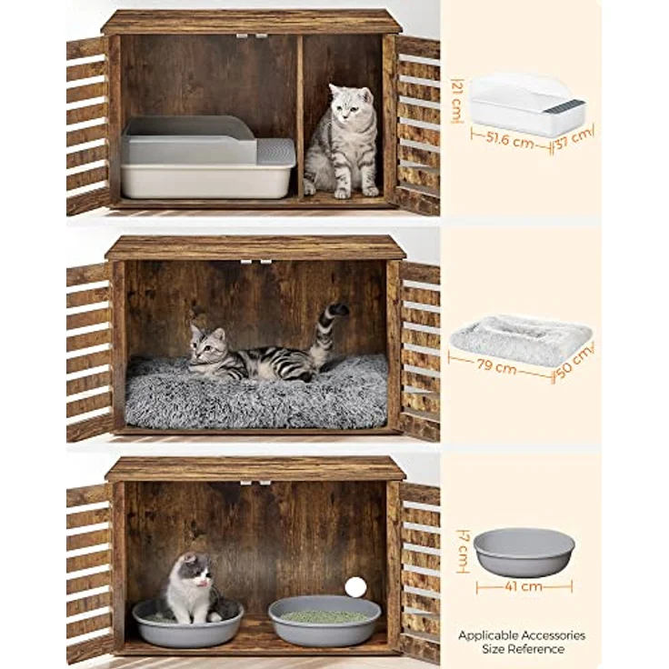 Feandrea Katzenklo-Schrank, Katzenhaus mit herausnehmbarer Trennwand, 2 Lamellentüren, Katzentoilette, Beistelltisch, 80 x 53 x 49 cm, vintagebraun – Bild 5
