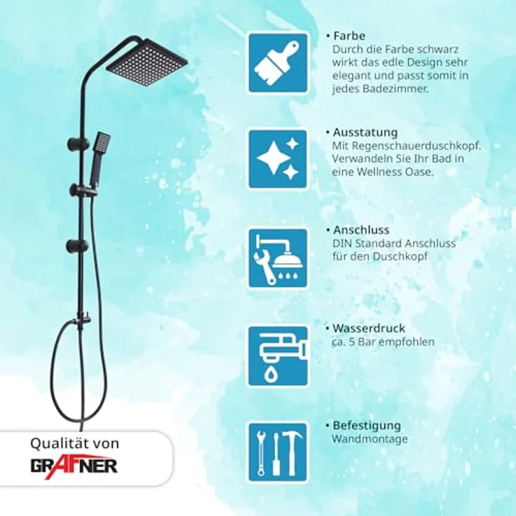 Grafner Duschsystem Grafner® Duschgarnitur mit Regenschauerduschkopf und Handbrause, 1 Strahlart, schwarz – Bild 3