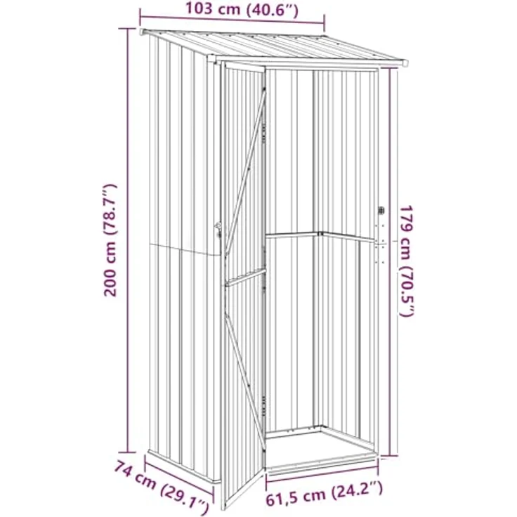 vidaXL Gartenhütte Anthrazit 103 x 74 x 200 cm, wetterfester Metall-Speicher für Gartenwerkzeuge, sicher mit Schloss – Bild 3