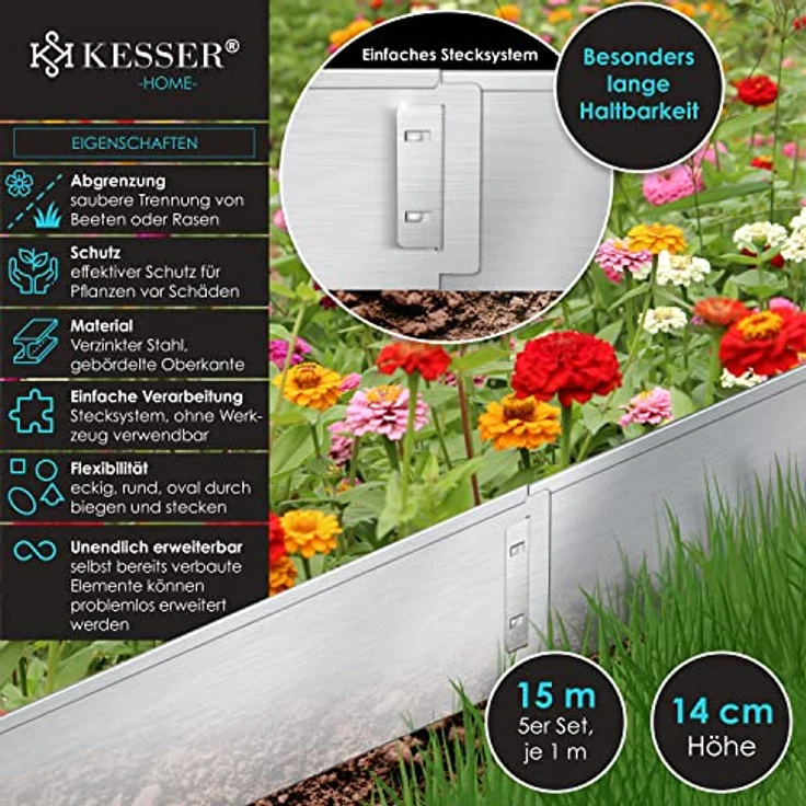 KESSER Rasenkante Beeteinfassung Beetumrandung Rasen Silber, Länge 15m - Höhe 14cm – Bild 2