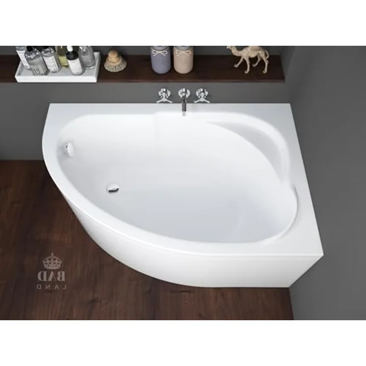 Polimat BADLAND Eckbadewanne STANDARD 130x85 cm, Weiß Acryl, Komplettset mit Chrom Automatik Ablaufgarnitur und Acrylschürze, Made in EU