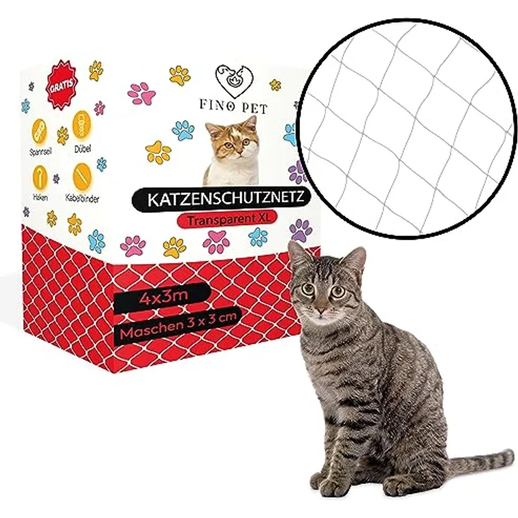 FinoPet Katzennetz für Balkon 4x3 Meter transparent inklusive Befestigungsmaterial, Katzenschutznetz Katzengitter Schutznetz Sicherheitsnetz Balkonnetz für Katzen, Katzennetz für Balkon ohne Bohren