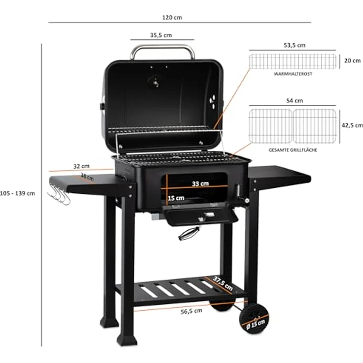 BBQ-Toro Holzkohle Grillwagen mit höhenverstellbarer Kohleschale | Holzkohlegrill mit Deckel, Holzkohlegrillwagen mit Thermometer | Holzgrill, Smoker Grill Holzkohle, XXL Grill Holzkohle Groß – Bild 2