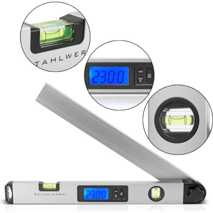 STAHLWERK DW-45 ST Digitaler Winkelmesser mit Wasserwaage, 0-230 Grad, 450 mm, beleuchtetes LCD-Display, Hold-Funktion – Bild 3