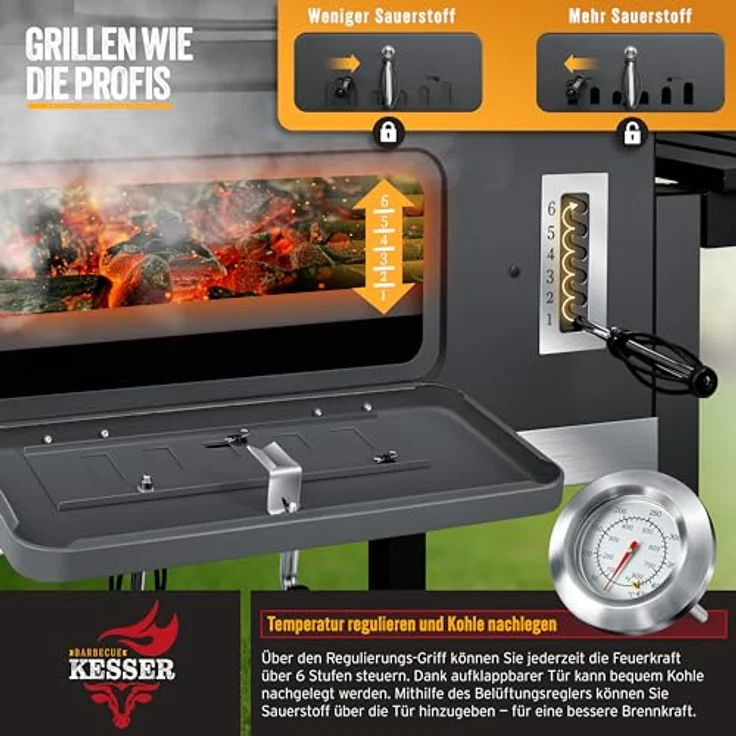 KESSER® Grillwagen BBQ Smoker XXL Holzkohlegrill mit Thermometer, Abdeckhaube & 8 Spießen, Schwarz – Bild 5