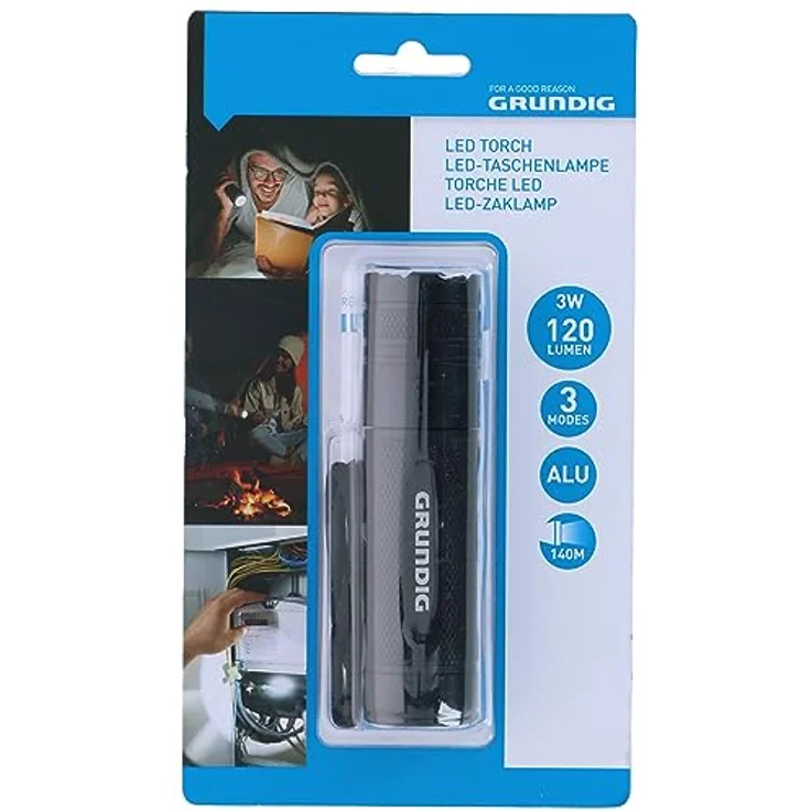 GRUNDIG LED Taschenlampe 120 Lumen - 3W - 140M Reichweite - 3 Lichtmodi: Hoch, Niedrig, Pulsierend - Schwarz – Bild 2