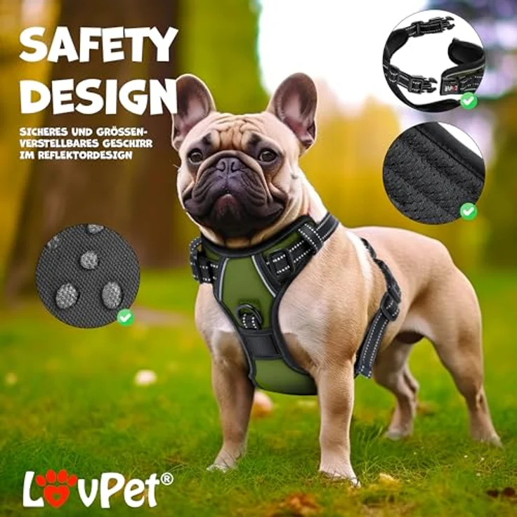 Lovpet LOVPET® Hundegeschirr No-Pull, atmungsaktiv & reflektierend, verstellbar mit Griff, Khaki - XL, inkl. Beutelrollen – Bild 2