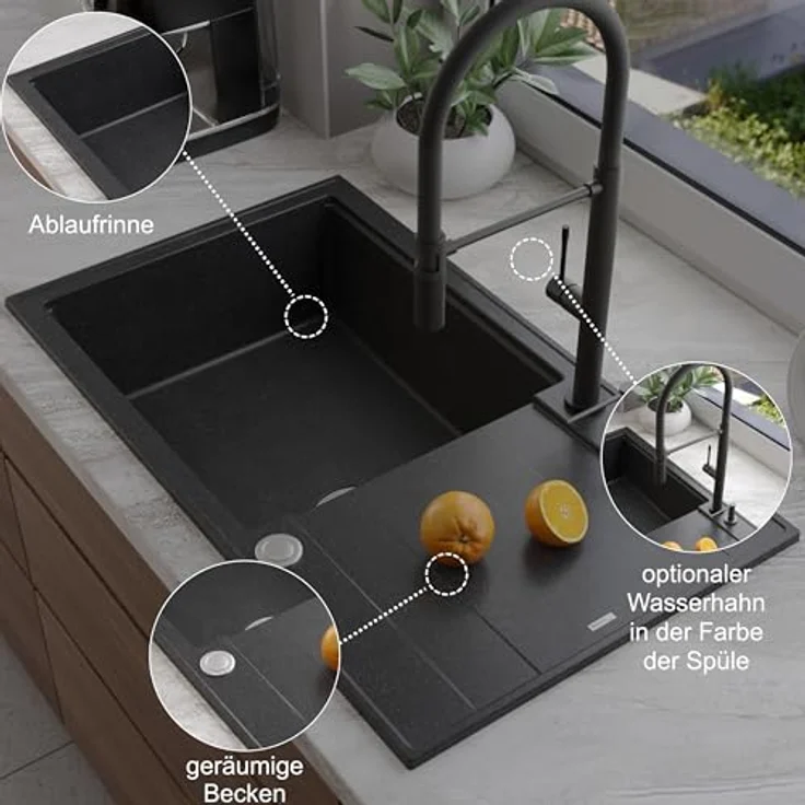 Quadron EVAN 136 XL, Granitspüle in Pure Carbon & Golden, 86 x 50 x 21 cm, Einzelbecken Spüle mit Abtropffläche und manuellem Siphon – Bild 4