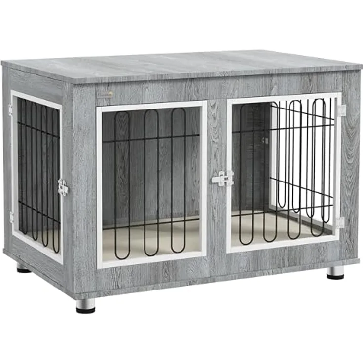 PawHut Hundekäfig Möbel mit 2 Türen, Metall Hundebox für große Hunde bis 25 kg, inklusive Kissen und 2 Verriegelungen, 90 x 58 x 65 cm, Grau