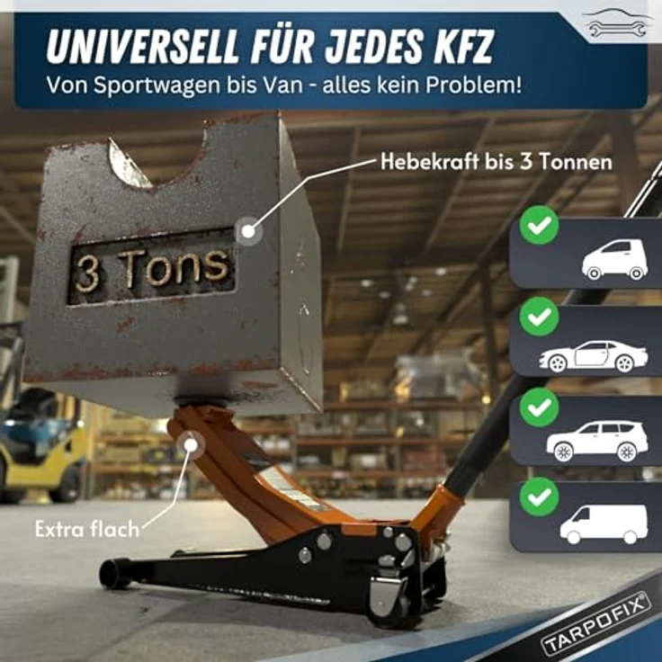 Tarpofix® Hydraulischer Wagenheber 3t mit Doppelzylinder, max. Hubhöhe: 50.5 cm, Robuster Hydraulikheber mit 75–505mm Hubhöhe – für SUVs & tiefe Autos – Bild 7