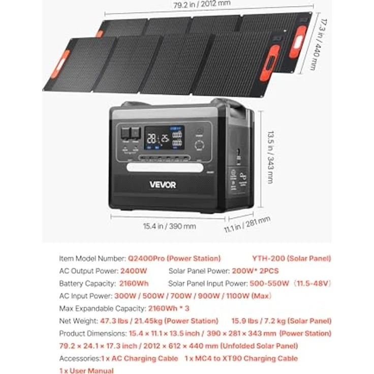 VEVOR Tragbare Powerstation Q2400Pro, 2400-W-Solargenerator mit 2 faltbaren 200-W-Solarpanels, 2160-Wh-LiFePO4-Akku und 10 Ausgängen für Notstromversorgung Zuhause, Camping und Wohnmobil – Bild 7