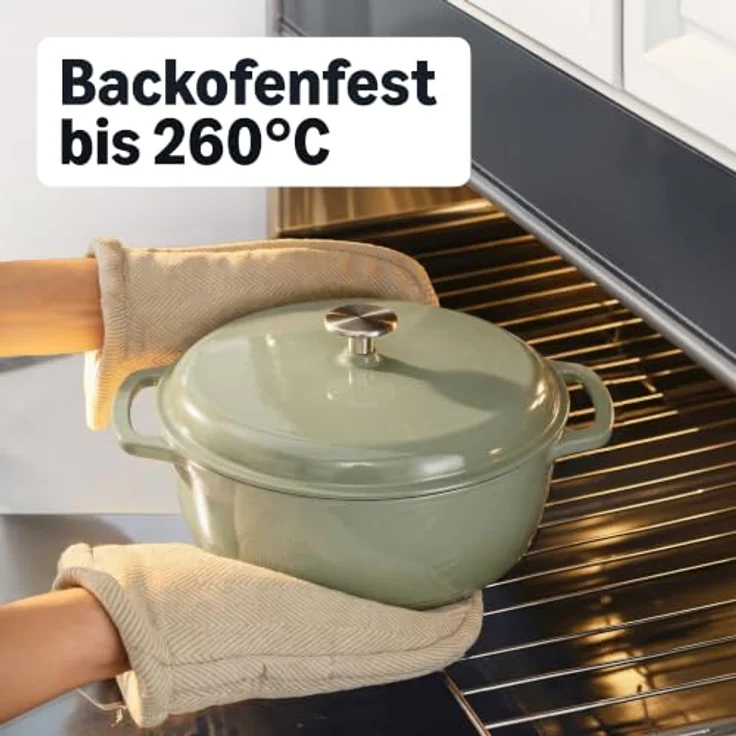 Amazon Basics Schmortopf Rund, 6,9 L emailliertes Gusseisen in Olivgrün, geeignet für alle Herdarten und Backofen bis 260°C – Bild 4