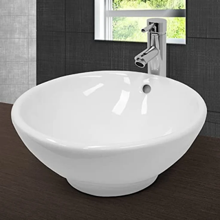 ECD Germany Waschbecken Waschtisch Ø 420x170 mm Rund Keramik Weiß inkl. Ablaufgarnitur für Waschbecken mit Überlauf Aufsatzbecken Aufsatzwaschbecken Aufsatzwaschtisch Waschschale Spülbecken Becken – Bild 5