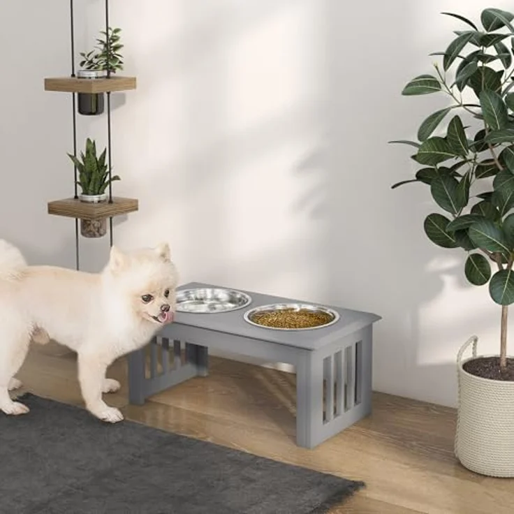 PawHut Hundenapf mit 2 Näpfe, 2 L Futterschüssel, erhöhter Katzen Futternapf, Pflegeleicht, Edelstahl Grau, 58,4 x 30,5 x 25,4 cm – Bild 2
