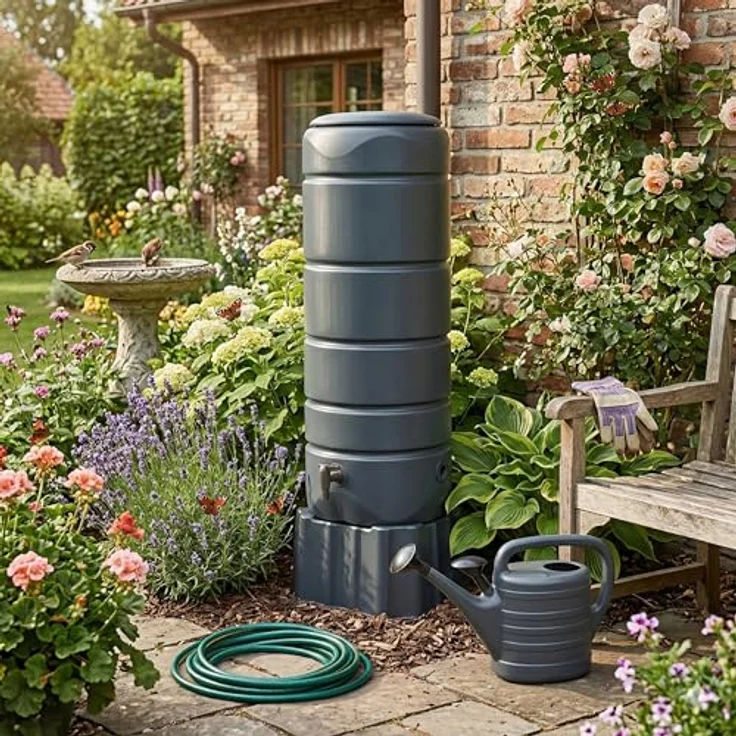 Prosperplast Regentonne Vuelta, 110 l, anthrazit, Set 3-tlg mit Unterstand und Wasserhahn – Bild 5