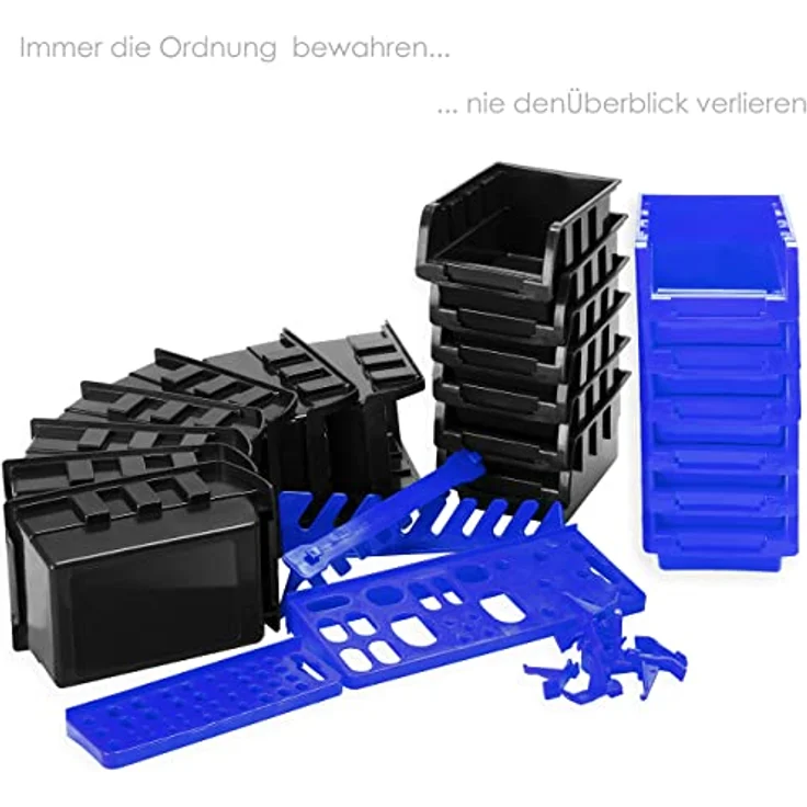 MASKO® Stapelboxen + Wandregal + Werkzeughalter 45-teiliges Set Schwarz / Blau - Ordnung für Kleinteile in Werkstatt, Garage und Lager – Bild 4