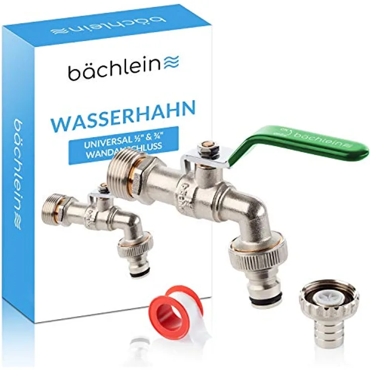 Bächlein Universal Wasserhahn für den Garten [grün] inkl. 2 Schlauchanschlüssen - edler Kugelhahn mit 1/2 und 3/4 Zoll Anschluss, Auslaufhahn aussen