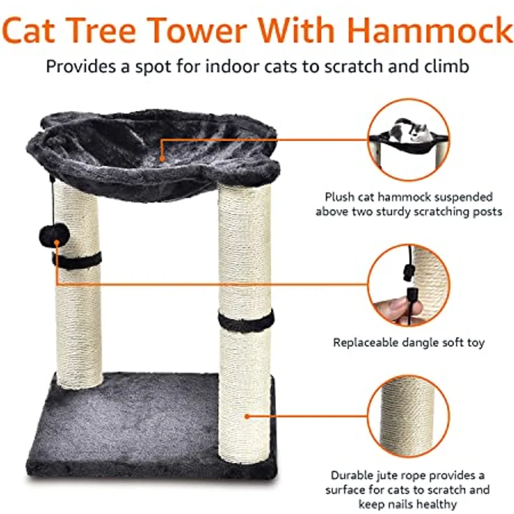 Amazon Basics – Katzen-Kratzbaum mit Haus, Hängematte, Bett und Kratzstamm, 41 x 51 x 41 cm, grau – Bild 4