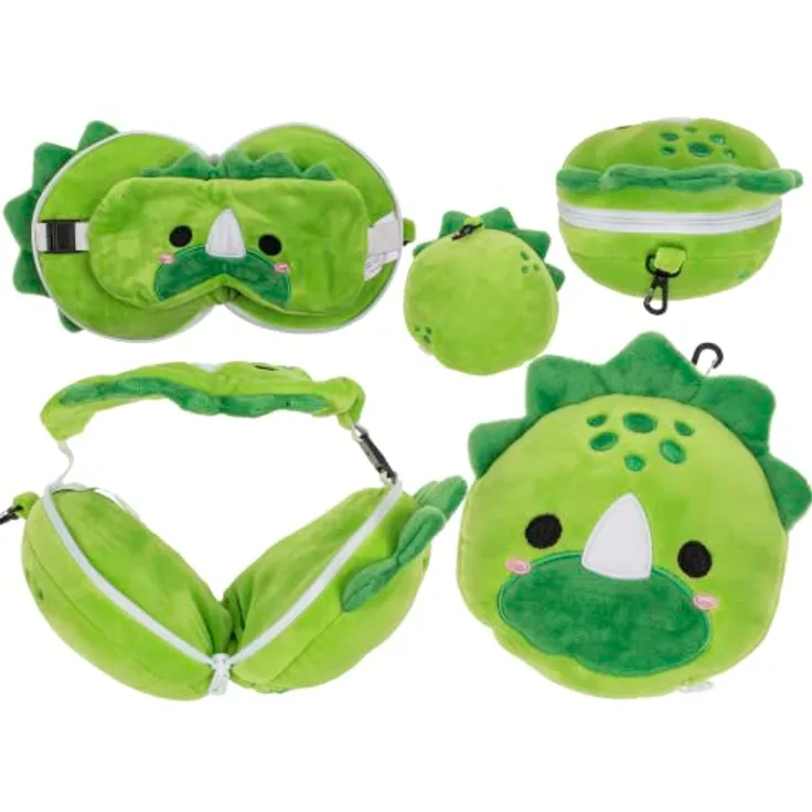 BEMIRO Tierkuscheltier Kissen mit Dinosaurier Schlafmaske - ca. 17 cm, grün