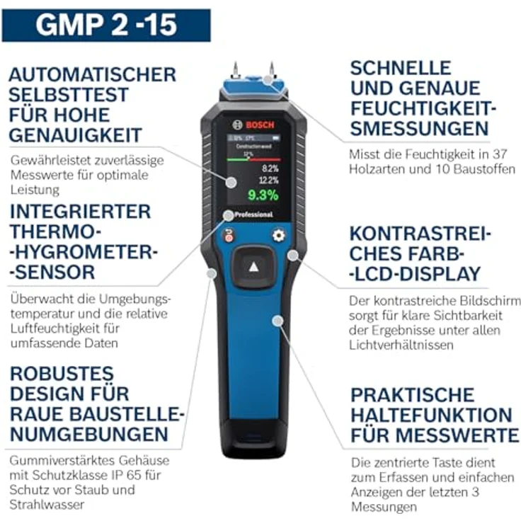 Bosch Professional GMP 2-15 Holzfeuchtemessgerät mit Farb-LCD, Thermo-Hygrometer und IP65 Schutzart – Bild 4