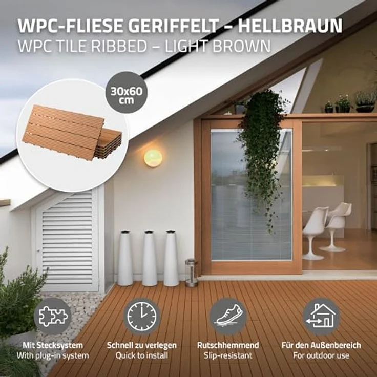 Terrassenfliesen 60x30 cm 6er Set für 1m² Hellbraun aus WPC – Bild 3