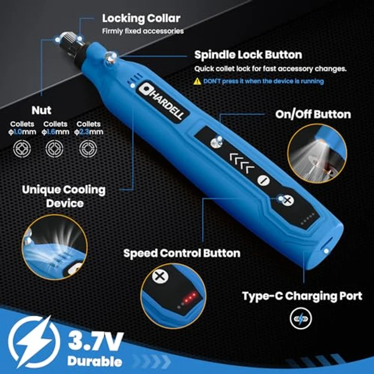 HARDELL Mini Akku Rotationswerkzeug, 5 Geschwindigkeiten (5000-18000 U/min), 3,7V mit 69 Zubehörteilen, LED-Licht, Gravurset für Resin, Holz und Glas, blau – Bild 3