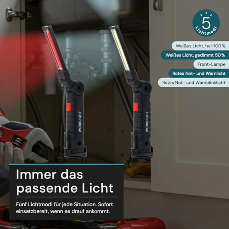 LUXULA LED-Arbeitsleuchte, 11 cm, Akku mit 5 Lichtmodi, USB-Aufladbar, 360° drehbar, mit Magnet und Haken, Inspektionslampe für Werkstatt und Camping – Bild 3