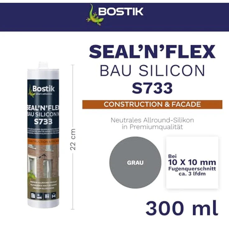 BOSTIK S733 Seal´n´Flex Bau Silikon, hochleistungsfähiges Dichtungssilikon in Grau, 300ml mit Schimmelschutz – Bild 2