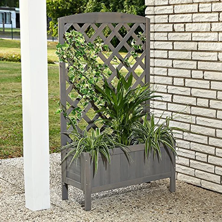 Melko Rankgitter Rankhilfe Spalier mit Blumenkasten Pflanzkasten aus Holz, ideal für Kletterpflanzen, grau – Bild 2