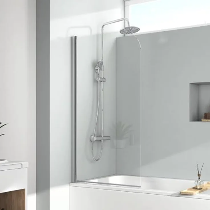 EMKE Duschwand für Badewanne, faltbar, 80 x 140 cm, matt schwarz, rahmenlos, 4 mm Hebefunktion, 6 mm ESG-Glas mit Nanobeschichtung