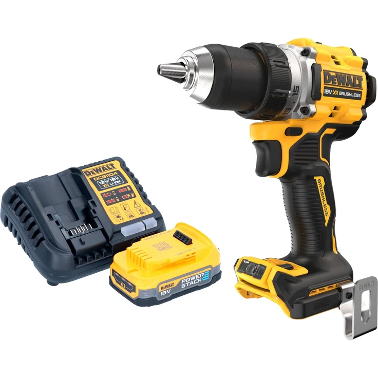 DeWalt DCD 800 E1, Akku Bohrschrauber 18 V mit 90 Nm, Brushless Motor, inkl. 1x Powerstack Akku 1,7 Ah und Ladegerät