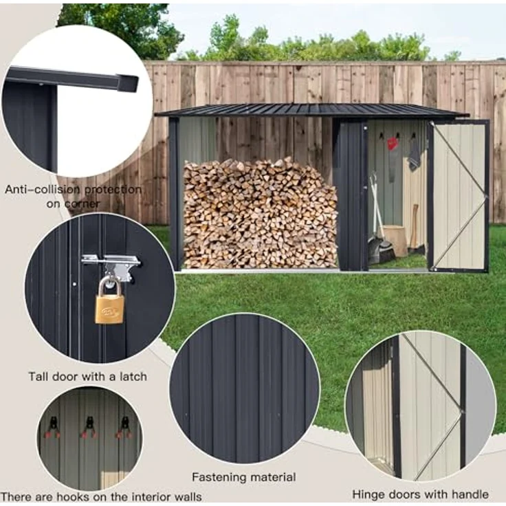 ALBATROS Profi Gerätehaus M – Geräteschuppen mit Holzunterstand für 2,3m³ Holz, verzinktes Metall in Anthrazit (RAL 7016) 366x127x161cm, wetterfester Gerätelager Gartenschrank – Bild 4