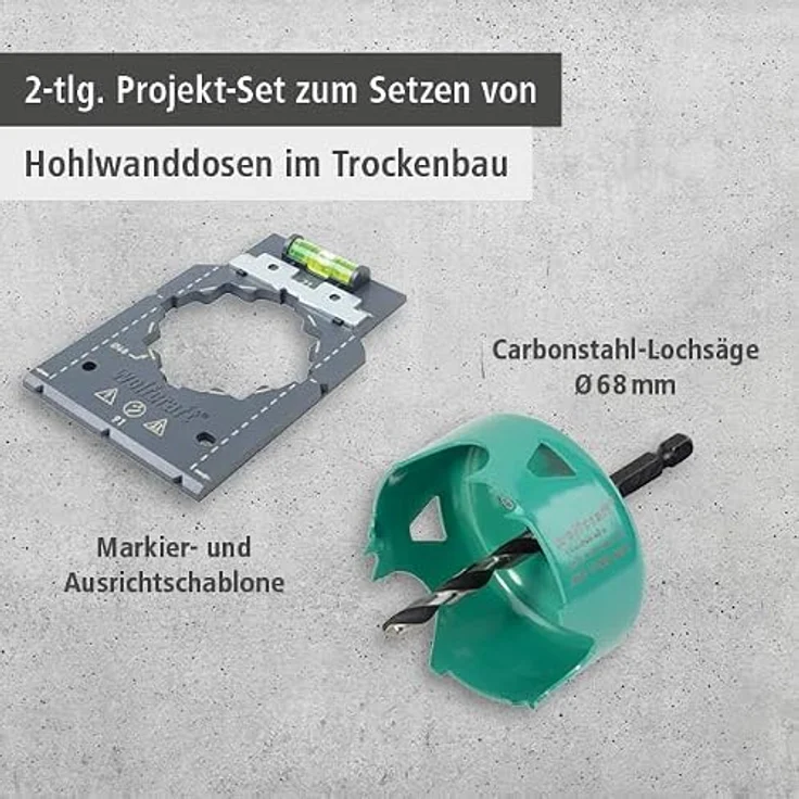 Wolfcraft 5901000 Lochsägen-Set, Carbonstahl, 68mm Durchmesser, inklusive Markier- und Ausrichtschablone für präzisen Trockenbau-Einbau – Bild 2