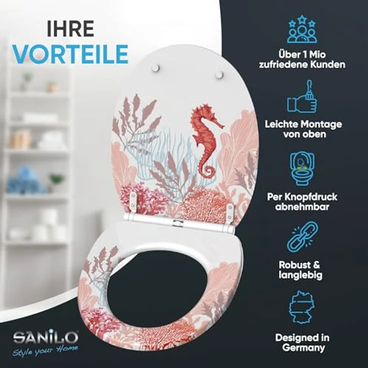 Sanilo WC Sitz Top Fix Sea Horse, bruchsicherer Holz-Toilettensitz mit Absenkautomatik, antibakterieller Beschichtung und einfachem Montagematerial – Bild 2
