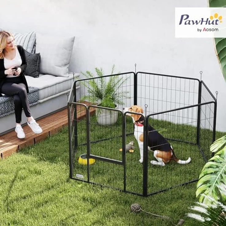 PawHut Welpenlaufstall 6-TLG, flexibles faltbares Freilaufgehege, 80 cm hoch mit Tür, geeignet für Hunde und Katzen, für drinnen und draußen – Bild 2