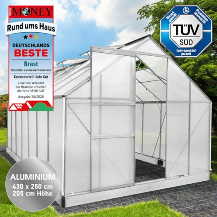 BRAST Gewächshaus Aluminium 430x250x205cm, TÜV geprüft, 6mm Hohlkammerplatten, rostfrei, wetterfest, temperaturbeständig, Silber – Bild 2