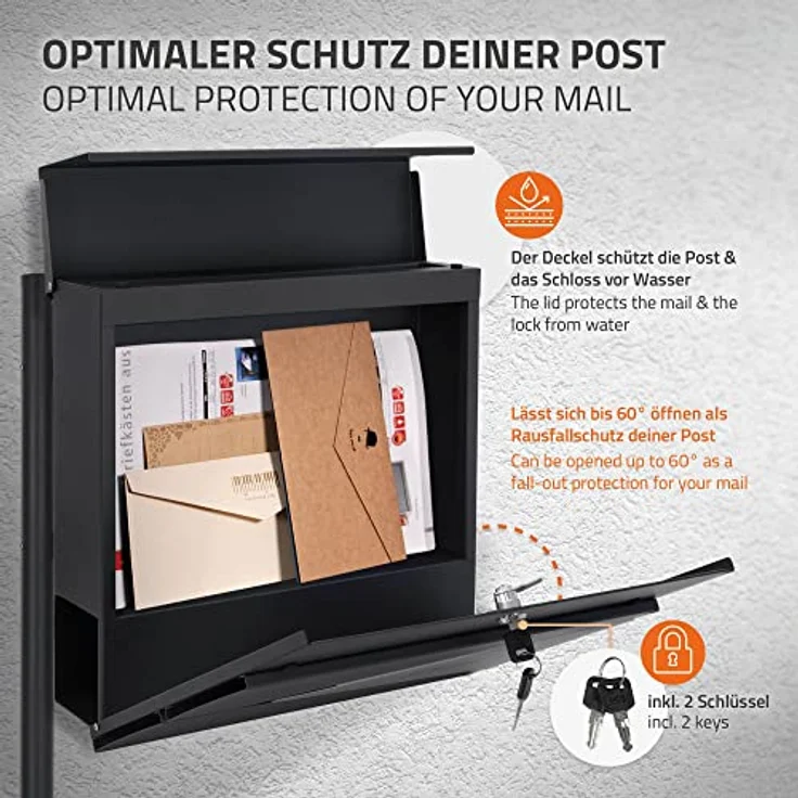 ECD Germany Standbriefkasten mit Zeitungsfach, Design Briefkasten mit Pfosten, Briefkastenanlage, Briefkastenständer Anthrazit 120 cm Edelstahl, Postkasten Anthrazit-Silber Edelstahl pulverbechichtet – Bild 3
