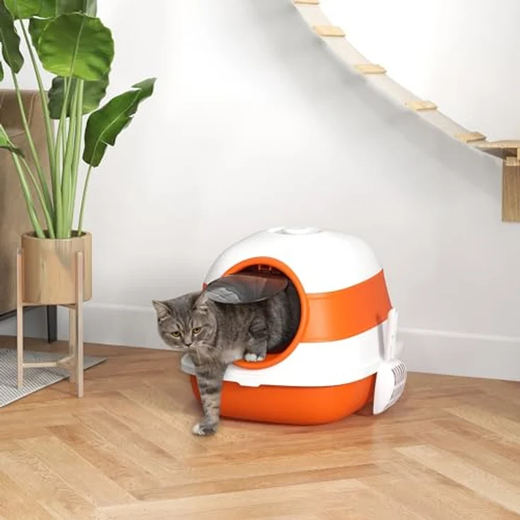 PawHut Katzentoilette mit Deckel, Katzenklo inkl. Deodorant, Bodengitter, Streuschaufel, Großer Innenraum für Katzen bis 5 kg, Weiß+Orange – Bild 2