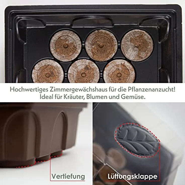 HappySeed Gewächshaus Set mit 60 Kokostabs - Ideale Wachstumsbedingungen, optimale Wasserverteilung & Feuchtigkeitsregulierung, für Kräuter, Gemüse & Blumen, dekorative Lüftungsklappe, in Deutschland hergestellt – Bild 2