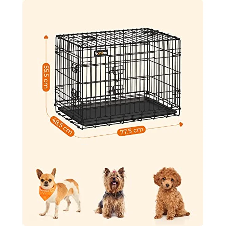 Feandrea Hundekäfig, klappbar, mit 2 Türen, ausziehbare Kunststoffschale, 77,5 x 48,5 x 55,5 cm, M, schwarz PPD30H – Bild 4