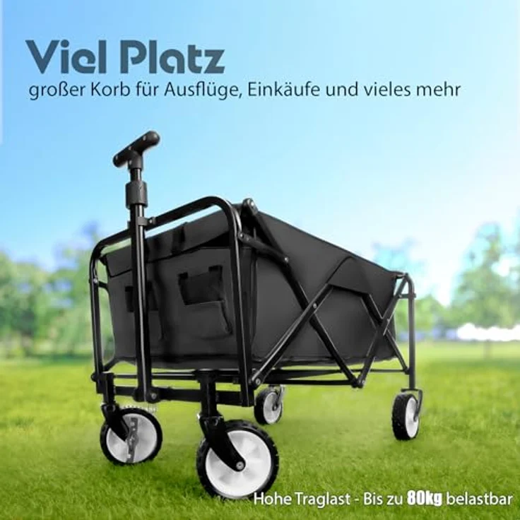 BigDean faltbarer Bollerwagen schwarz, robust bis 80 kg belastbar, platzsparend für Ausflüge und Einkäufe – Bild 2