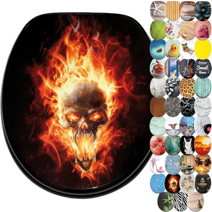 Sanilo WC Sitz Totenkopf in Flammen, Holz mit Absenkautomatik und antibakterieller Oberfläche, 47x37,7 cm – Bild 1