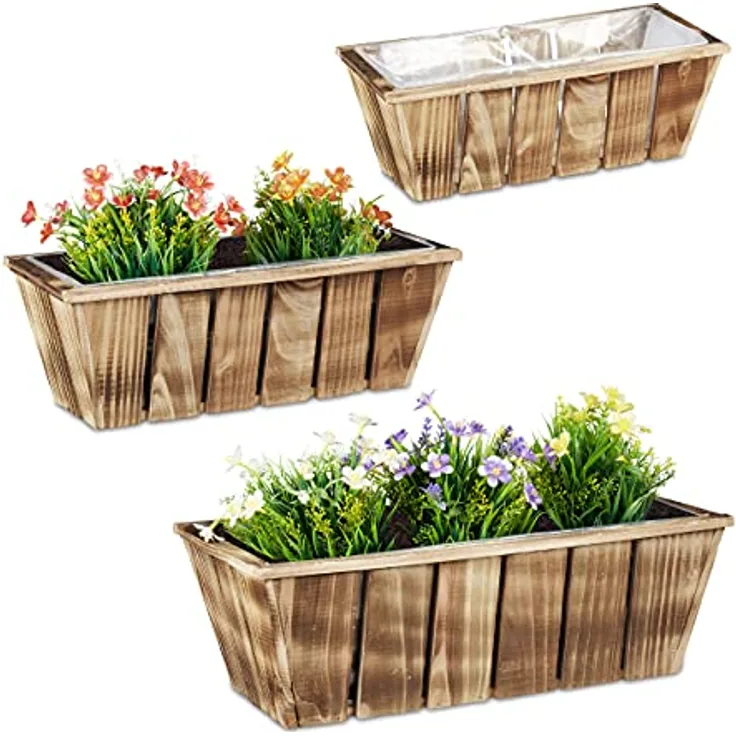 Relaxdays Blumenkasten 3er Set, Pflanzkästen in 3 Größen, geflammtes Holz, Pflanzgefäße mit Folie, innen & außen, braun, 10037607