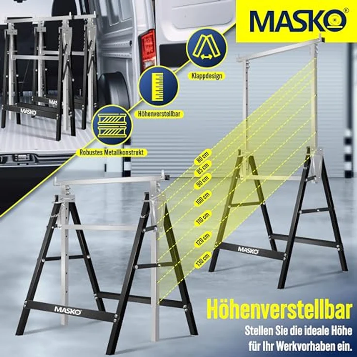 MASKO® Teleskop-Arbeitsbock Untergestell 2-er Set, höhenverstellbar 800-1300 mm, max. Belastbarkeit 200 kg, inkl. rutschfester Arbeitshandschuhe, schwarz – Bild 3