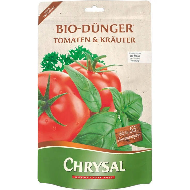 Chrysal Tomatendünger Bio Dünger für Tomaten & Kräuter, veganer Volldünger, 900 g Standbeutel mit natürlicher Langzeitwirkung